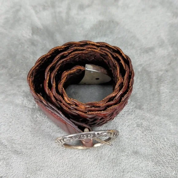 VTG Brighton 91908 Braided Brown Leather Belt Silver Ornate Buckle Medium 90's - Picture 2 of 7